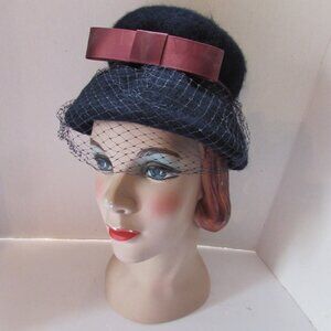 SALE  Vintage Hat  Bucket or Lampshade Style Navy Felt Burgundy Bow